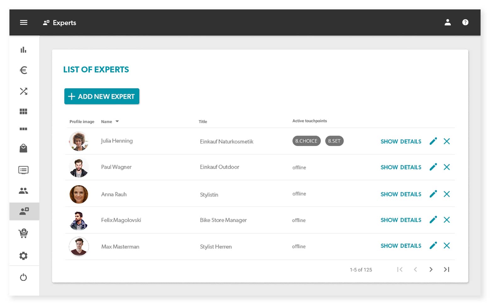 Verwalten Sie Ihre Experten (z. B. Influencer, Produktexperte, Verkäufer) für bestimmte Kategorien und Touchpoints. Tracken Sie deren Erfolg über ein Expert Performance Dashboard und inszenieren Sie individuelle Beraterprofile.