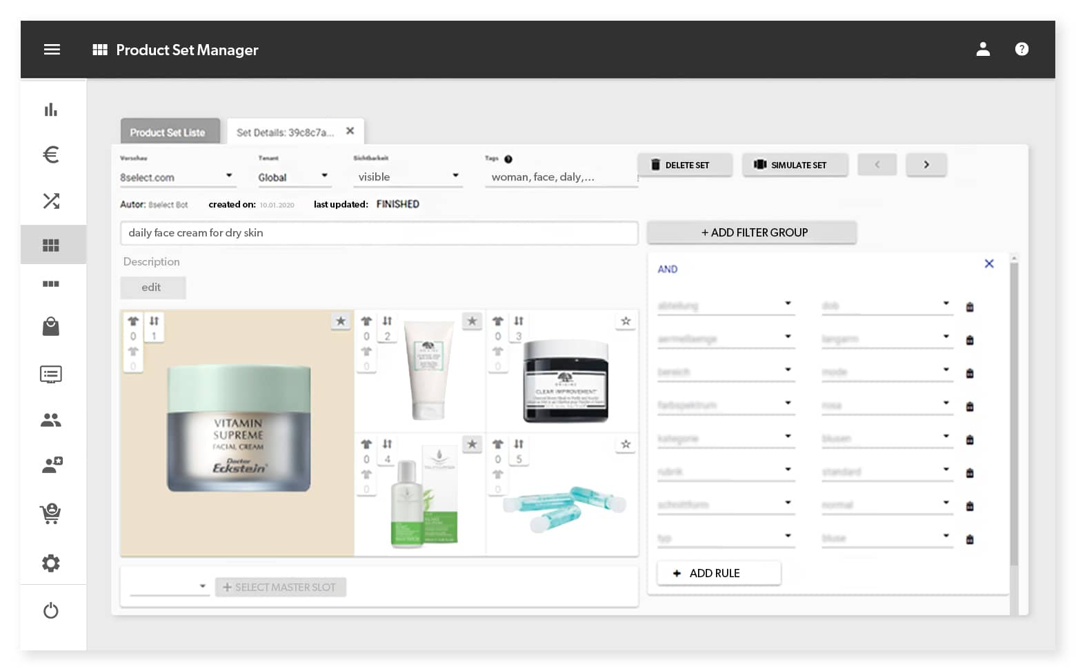 Generate dynamic sets of complementary products (e.g. in the fashion industry: outfits, accessory sets) and define touchpoints for them. Set recommendations enable you to achieve high-performance cross-selling.